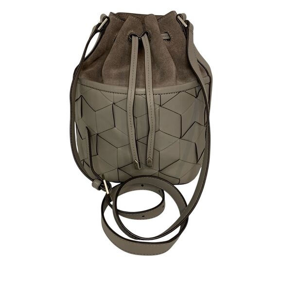 Welden Leather Bucket Bag Gray Crossbody Purse Geometric Weave Drawstring Medium - Picture 1 of 11